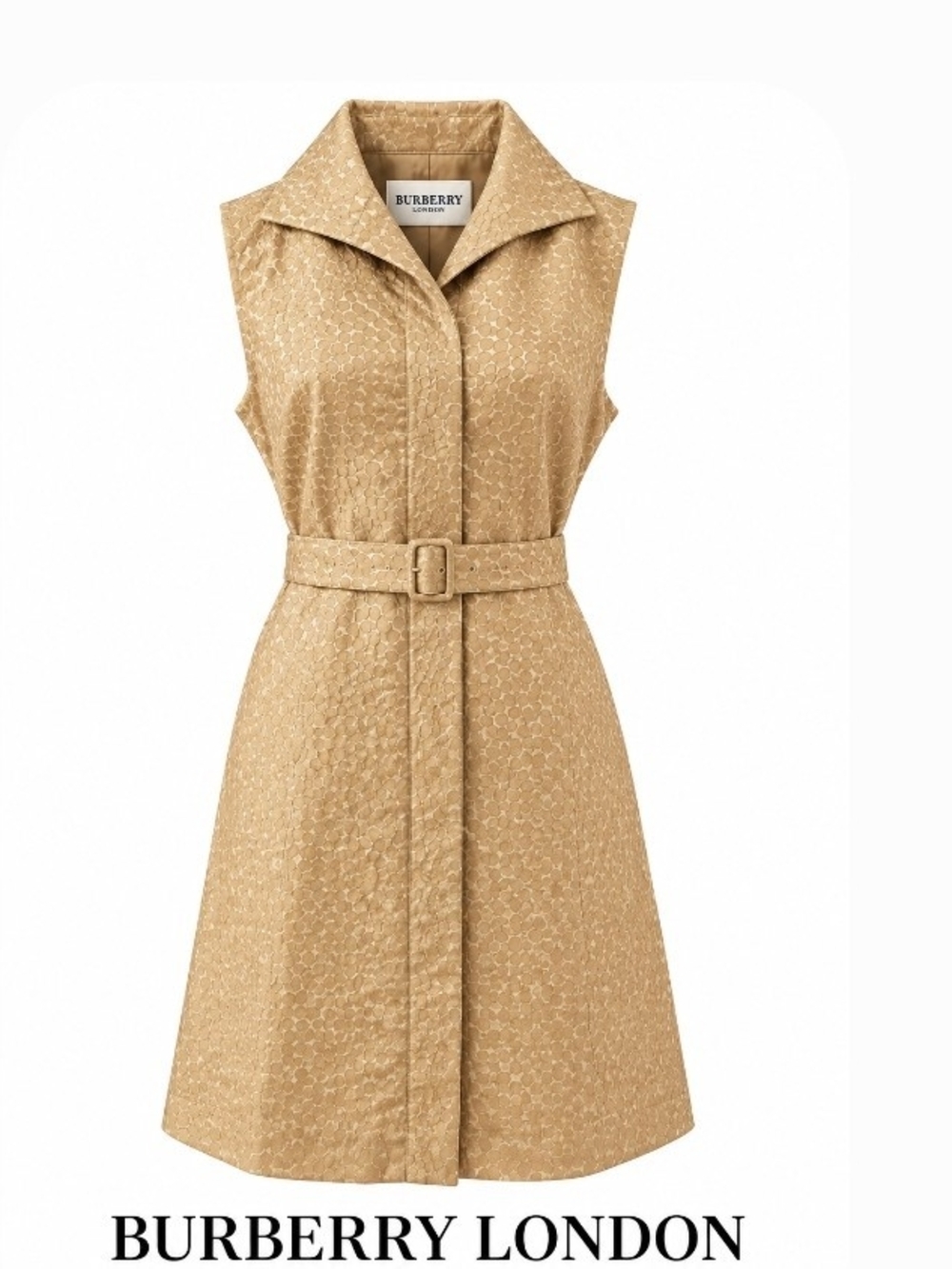 Burberry London Beige Sleeveless Belted Jacquard Shirtdress - Size 10